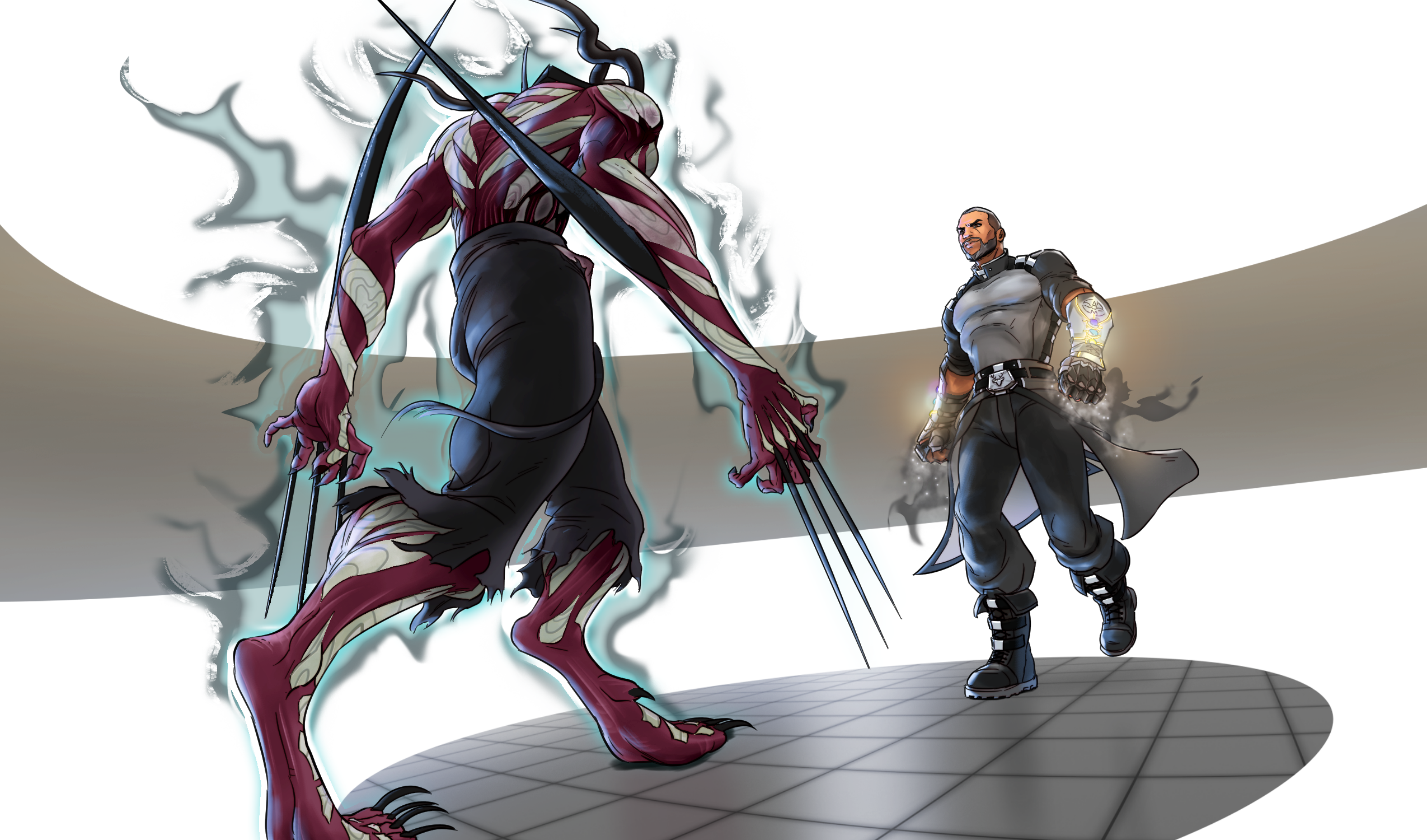 Amagia confronting a monster