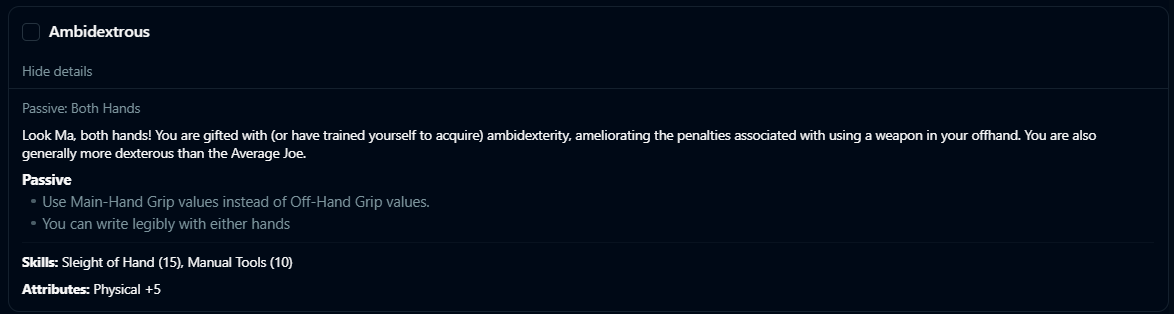 The Ambidextrous trait block